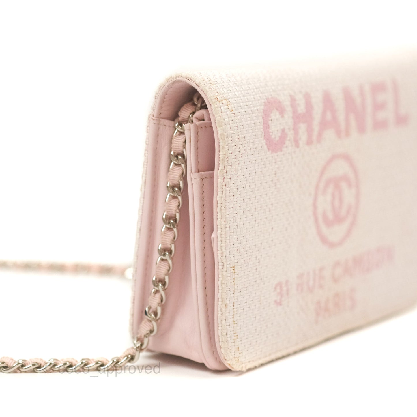 Chanel Deauville Wallet On Chain WOC Pink Canvas Silver Hardware