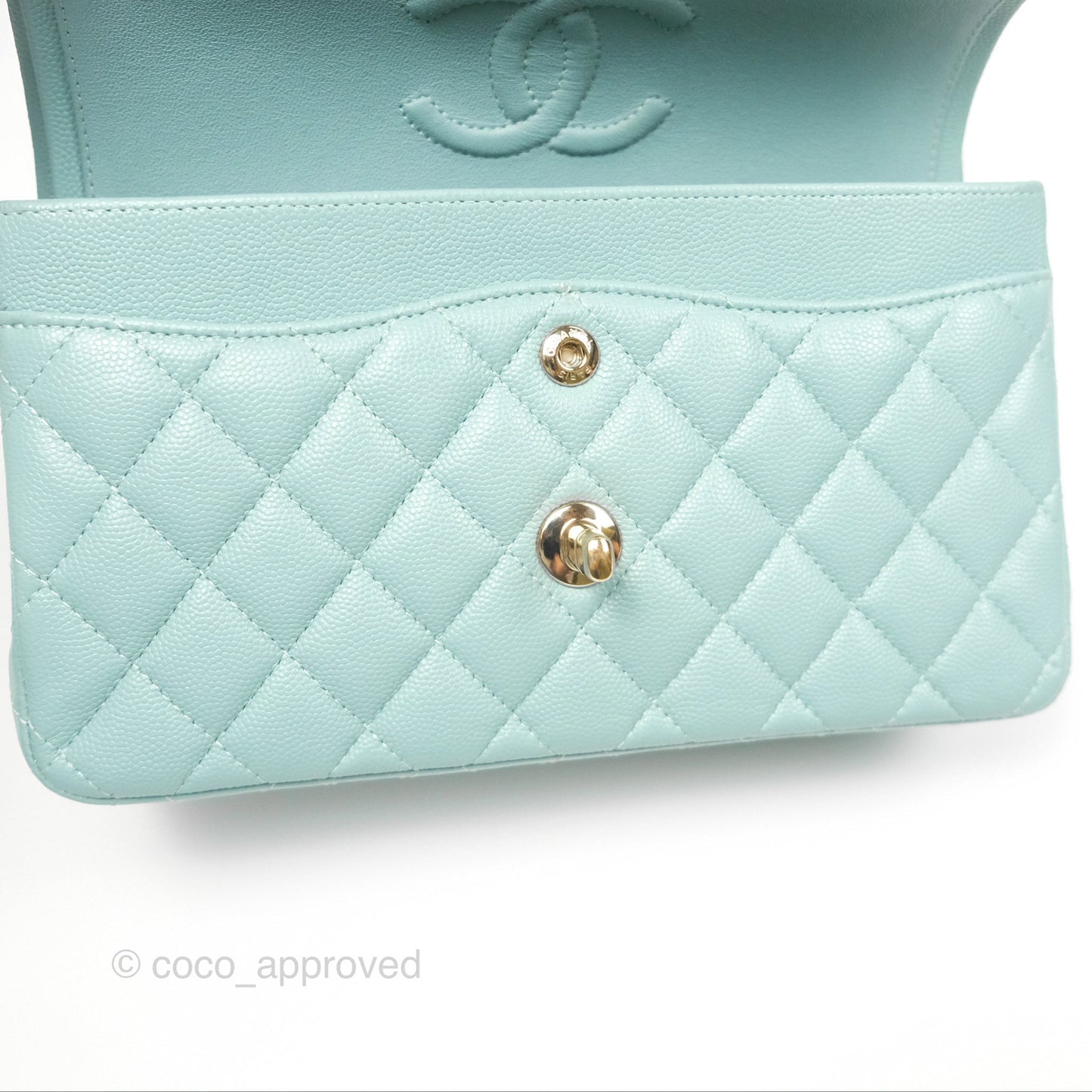 Chanel Small Classic Quilted Flap Tiffany Green Caviar Gold Hardware
