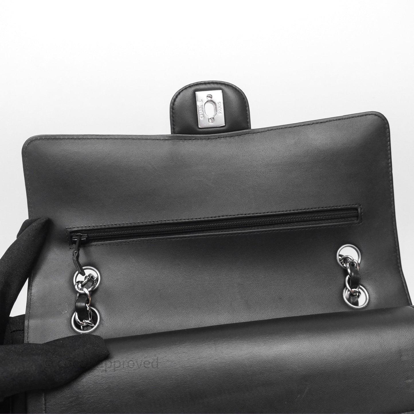 Chanel Classic M/L Medium Flap Chevron Black Lambskin Silver Hardware