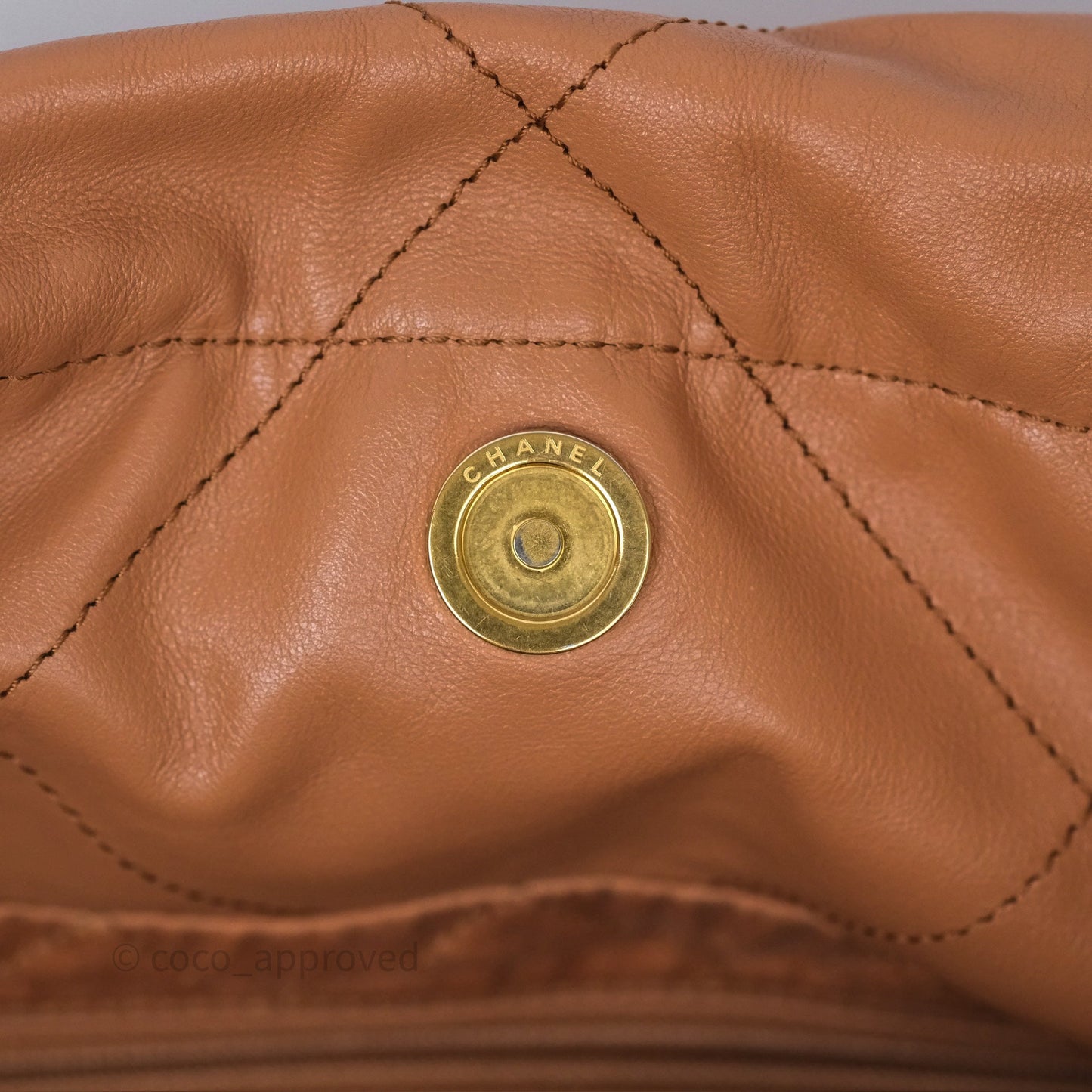 Chanel 22 Small Caramel Beige Shiny Calfskin Aged Gold Hardware