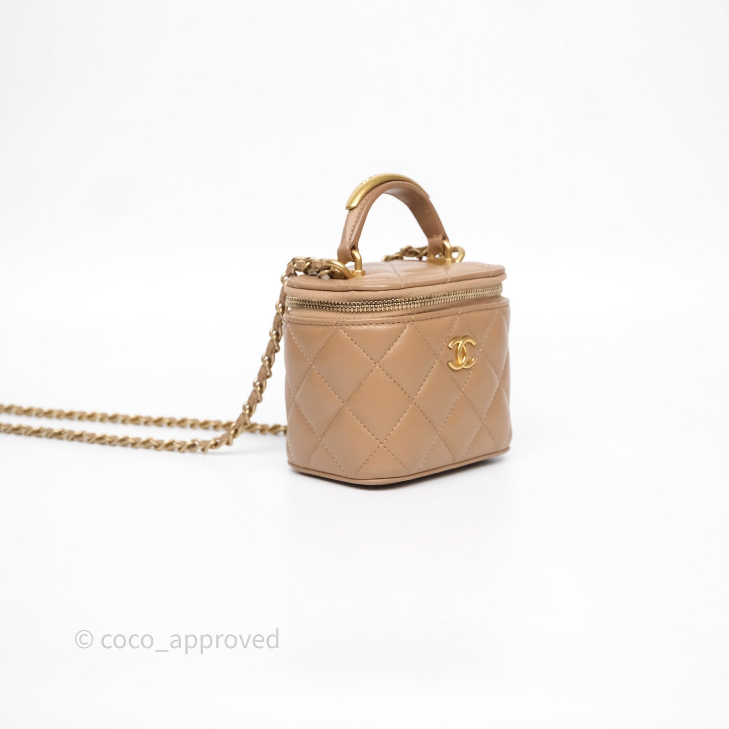 Chanel Mini Metal Top Handle Vanity With Chain Dark Beige Lambskin Aged Gold Hardware
