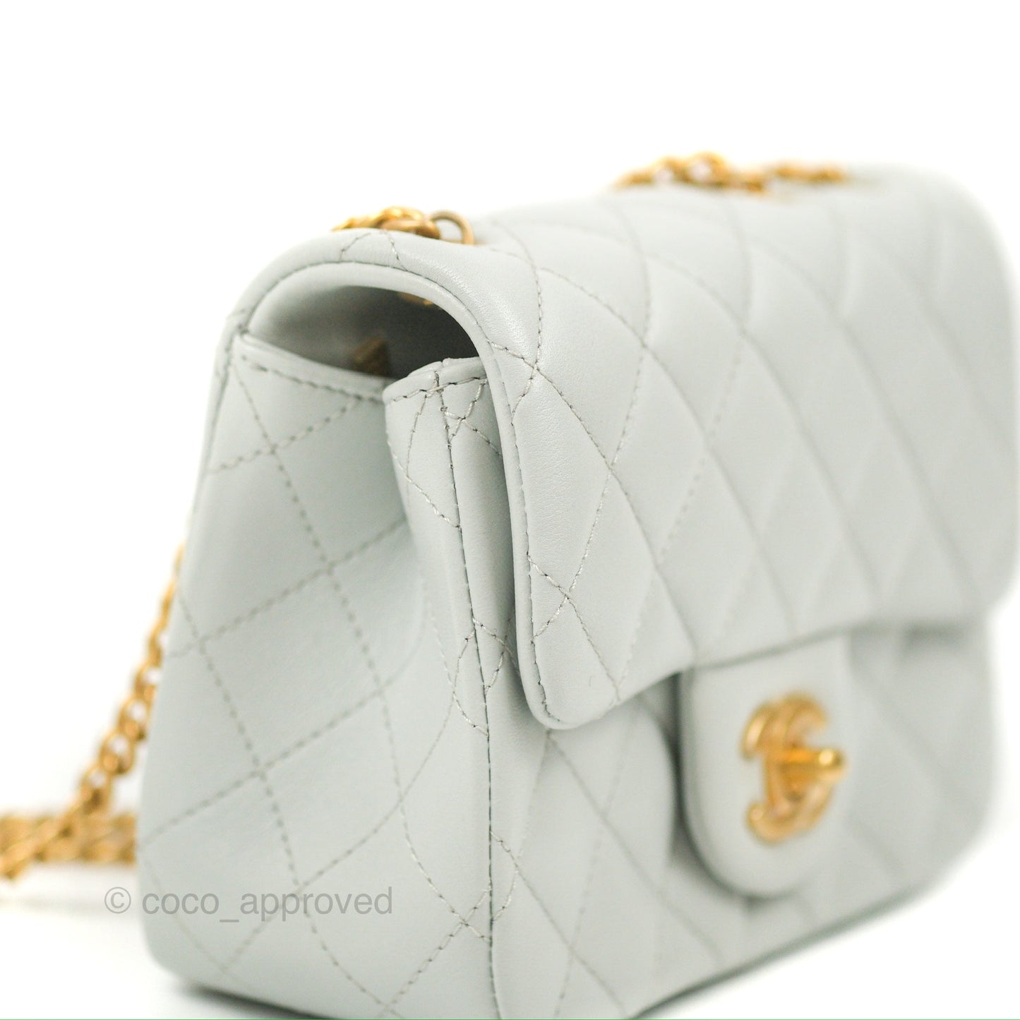 Chanel Quilted Mini Square Flap with Camellia Adjustable Chain Blue Clair Lambskin 23S