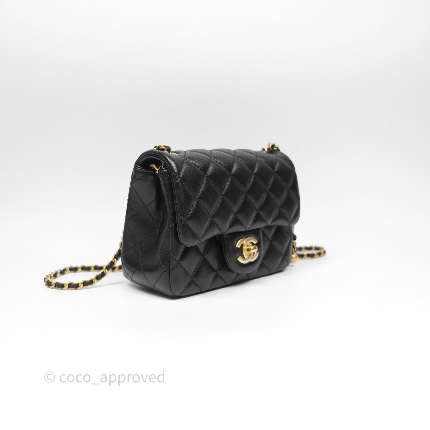Chanel Pearl Crush Mini Square Quilted Black Lambskin Aged Gold Hardware
