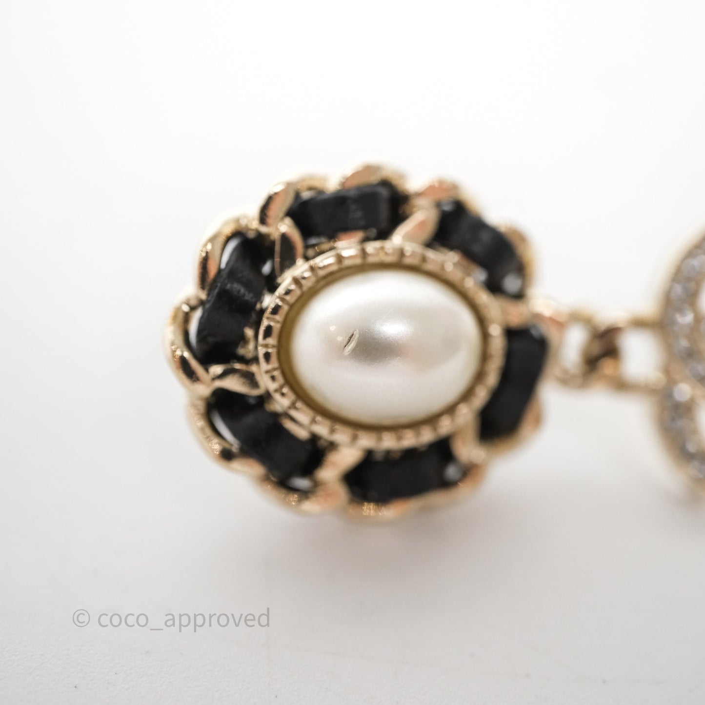 Chanel Oval Pearl Braided Black Leather Drop Crystal CC Earrings Gold Tone 21B