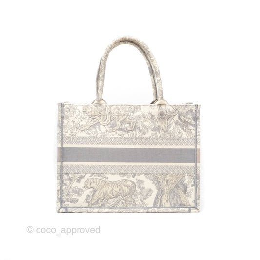 Christian Dior Medium (Old Small) Embroidered Toile De Jouy Light Grey Canvas Book Tote