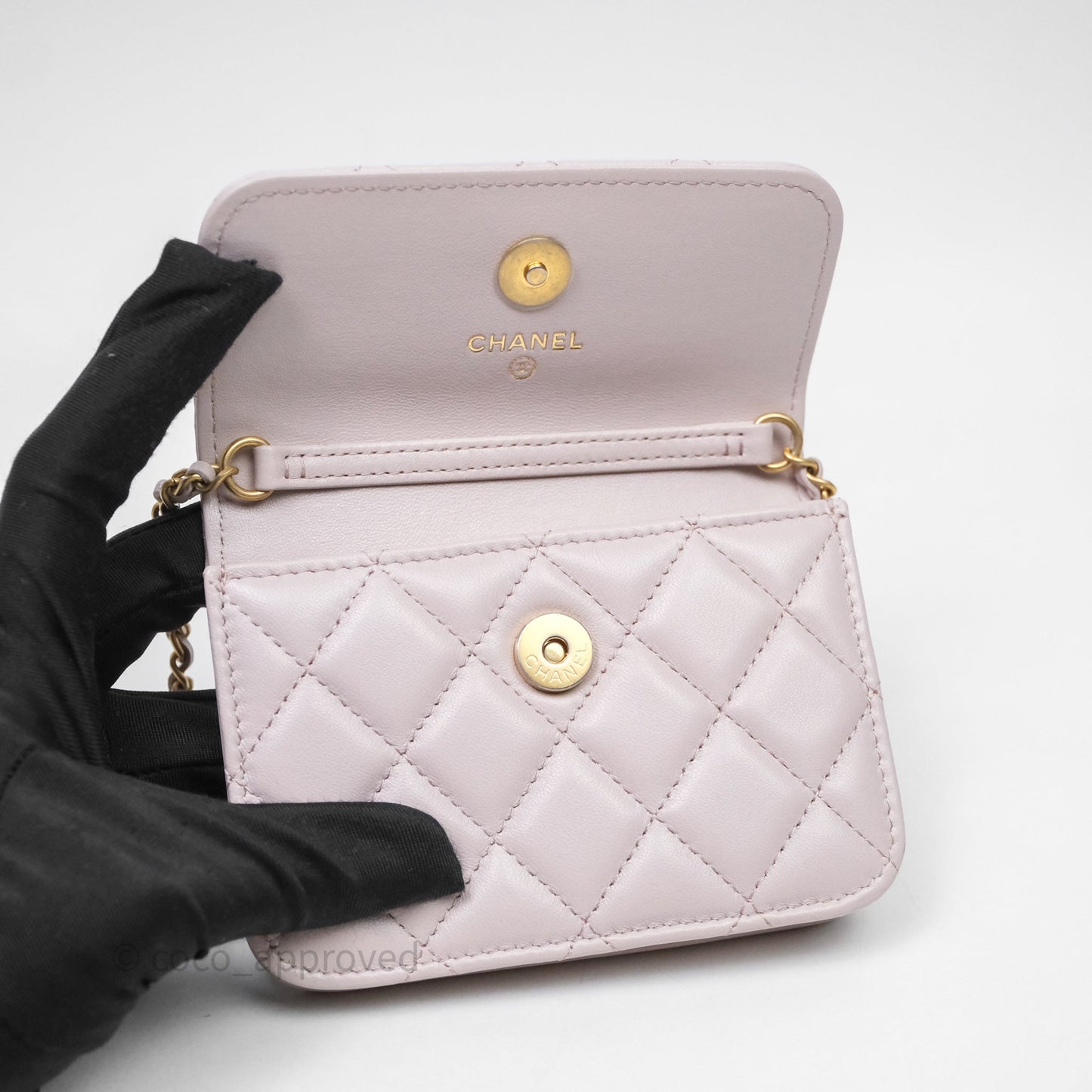 Chanel Pearl Crush Mini Clutch Belt Bag Lilac Lambskin Aged Gold Hardware