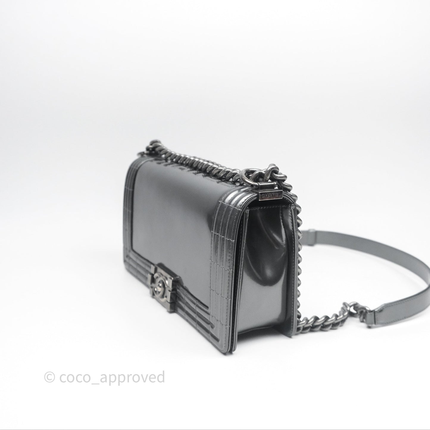 Chanel Medium Boy Metallic Dark Grey Iridescent Glazed Calfskin Ruthenium Hardware