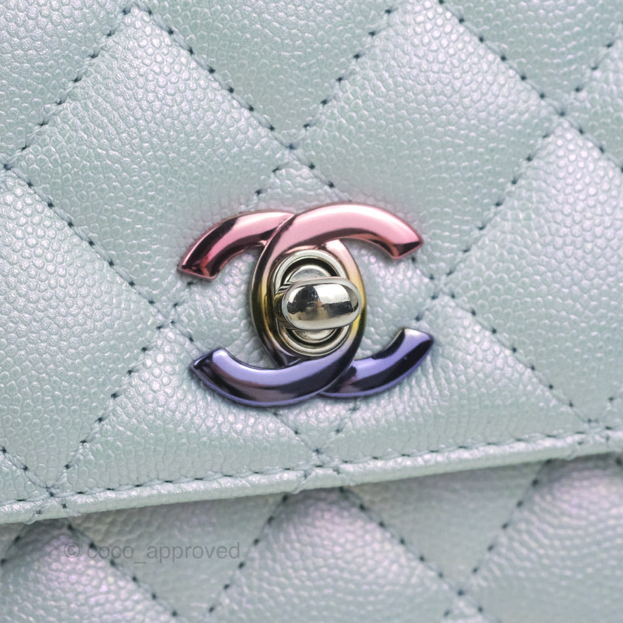 Chanel Small Coco Handle Quilted Iridescent Light Blue Caviar Rainbow Hardware