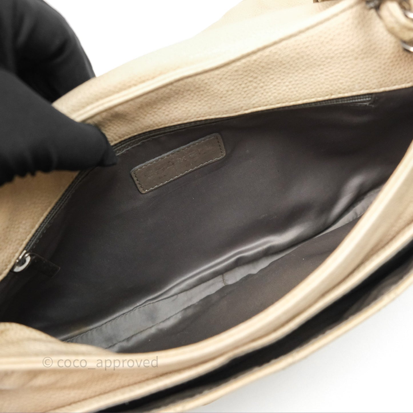 Chanel Quilted Coco Rider Hobo Bag Beige Caviar Ruthenium Hardware