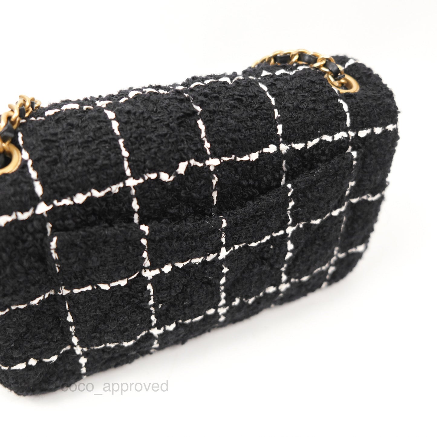 Chanel Mini Rectangular Pearl Crush Tweed Black White Grid Aged Gold Hardware