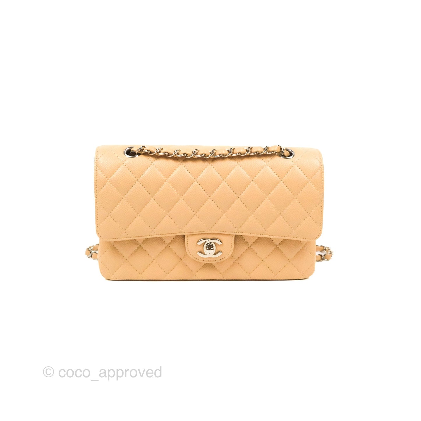 Chanel Classic M/L Medium Flap Quilted Beige Caviar Silver Hardware