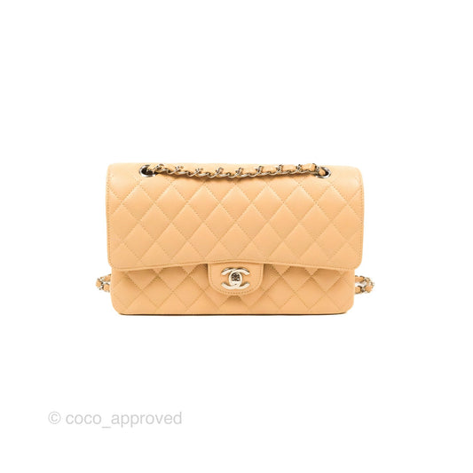 Chanel Classic M/L Medium Flap Quilted Beige Caviar Silver Hardware