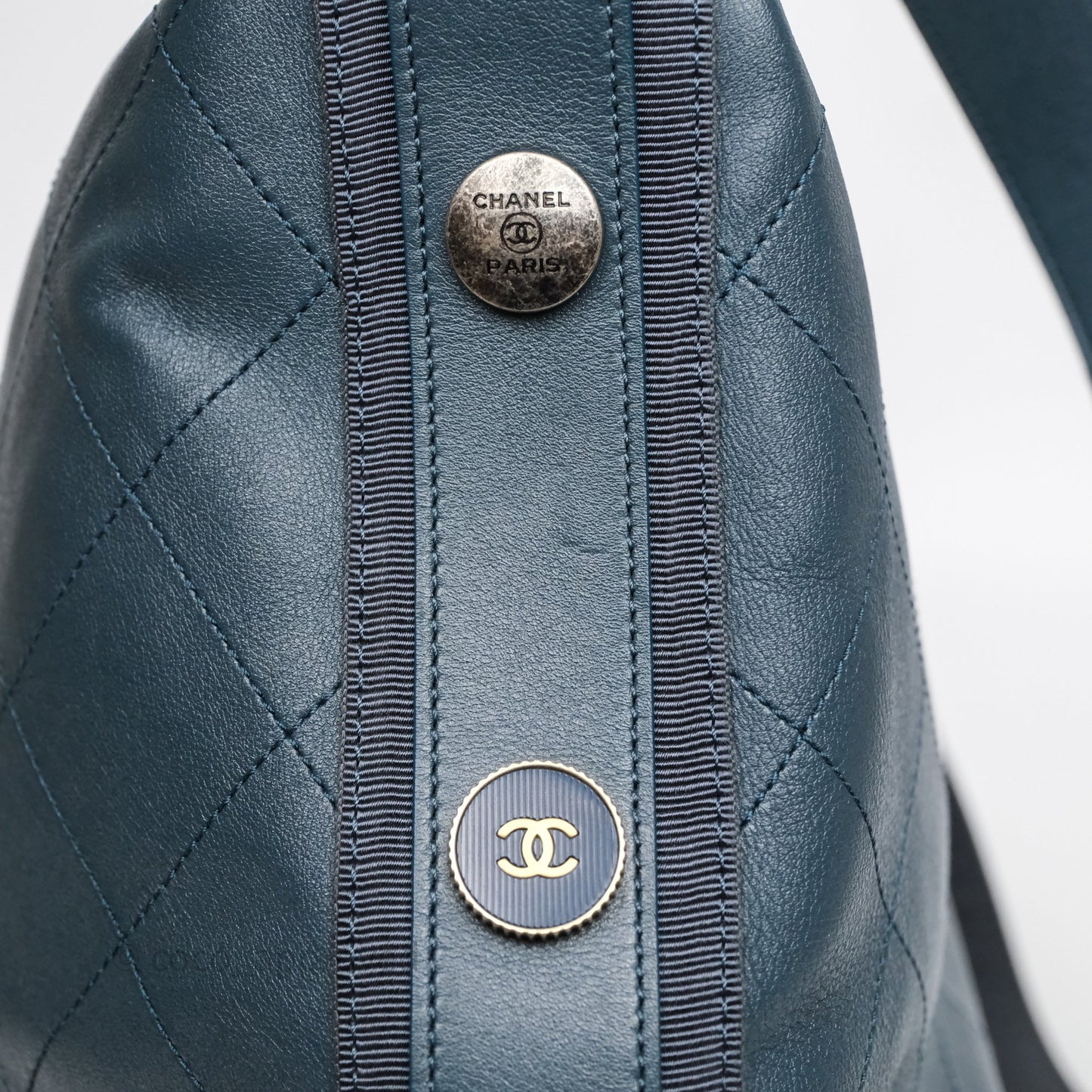 Chanel Button Up Hobo Bag Quilted Teal Calfskin Aged Gold Hardware