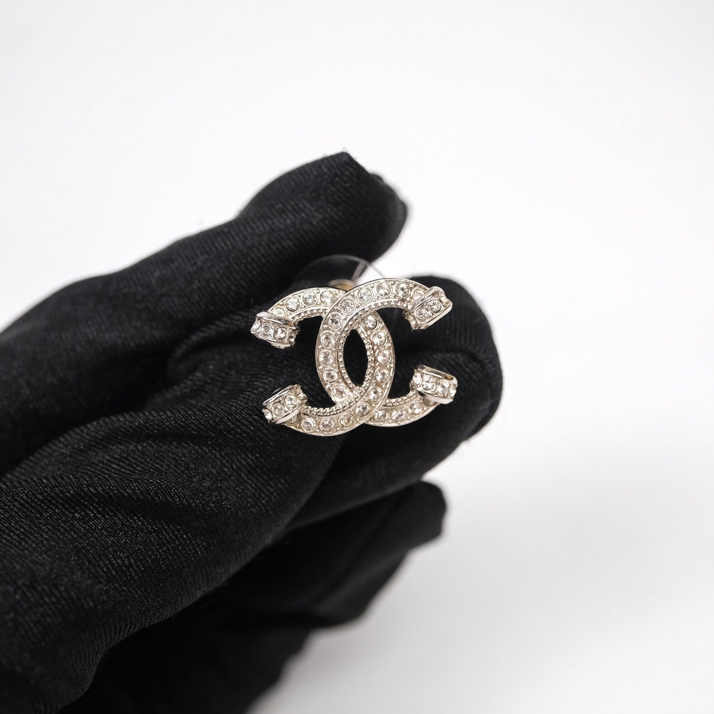 Chanel CC Crystals Earrings Silver Tone 23P