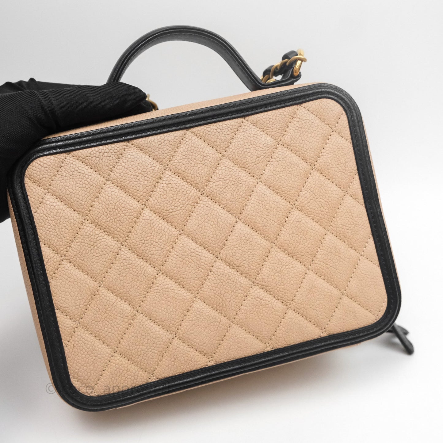 Chanel Medium CC Filigree Vanity Case Quilted Beige Black Caviar