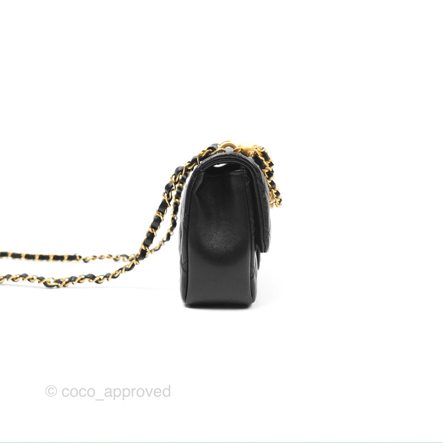 Chanel Mini Flap Bag with Pearl Chain Black Shiny Lambskin Aged Gold Hardware 24P