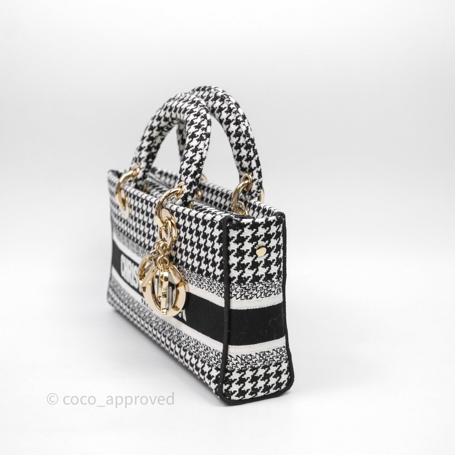 Christian Dior Medium Lady D-Joy Bag Black White Houndstooth Gold Hardware