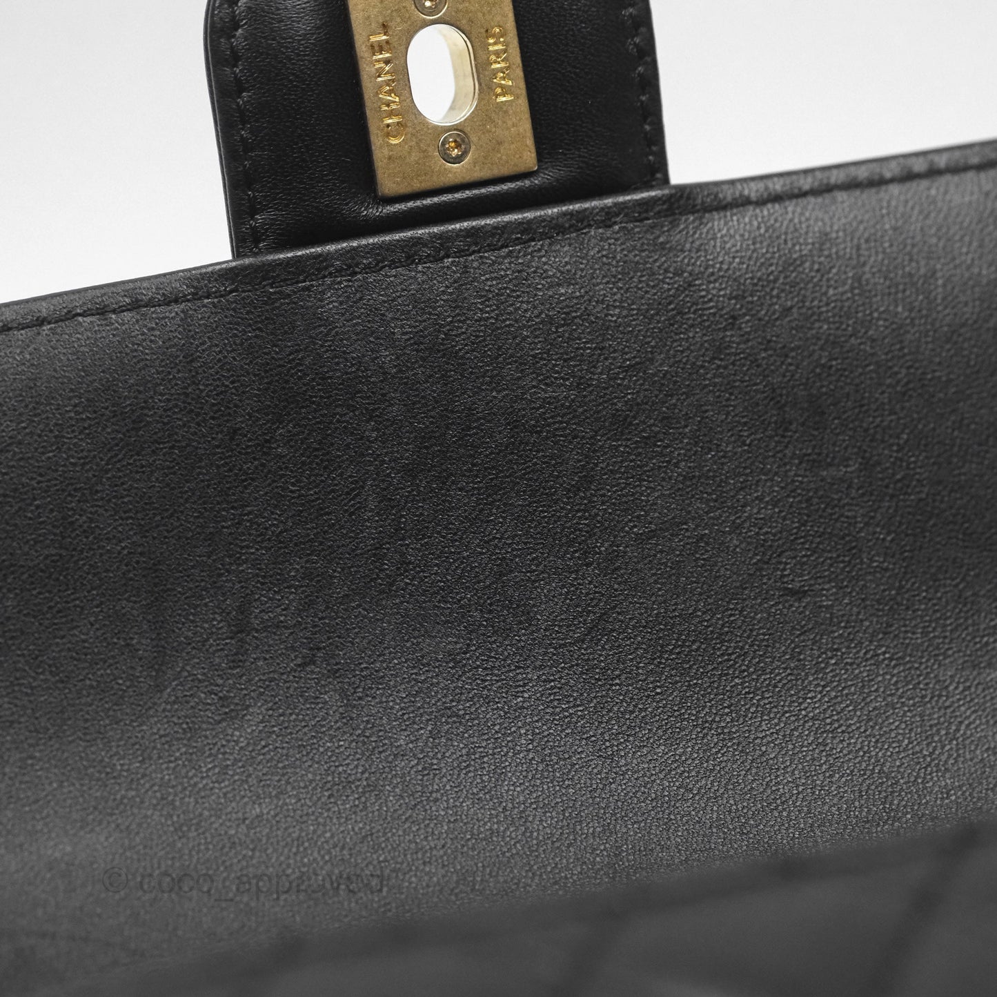 Chanel Flap Bag with Logo Enamel Chain Black Lambskin 22B