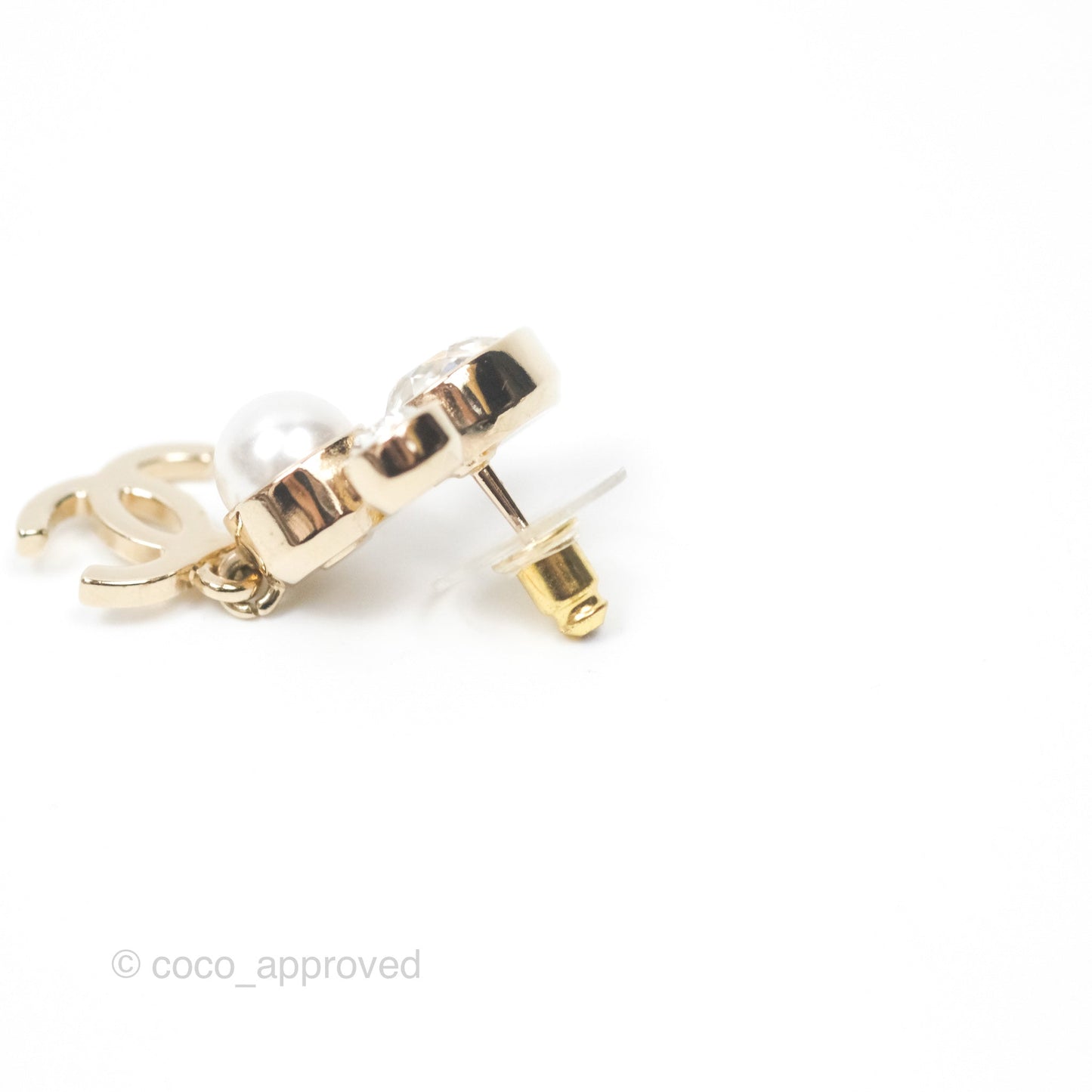 Chanel Rhinestone Pearl CC Drop Earrings Gold Tone 22C