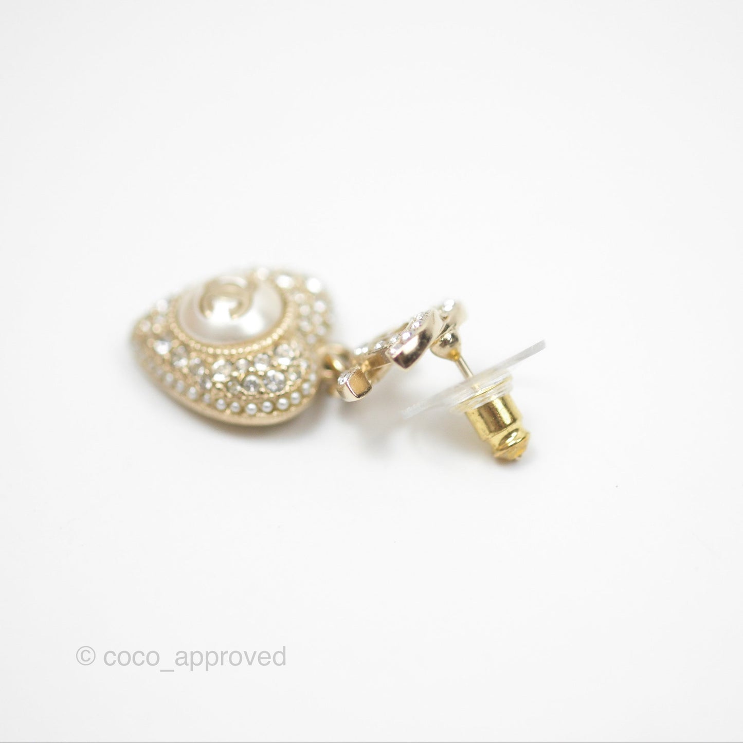 Chanel Crystal CC Pearl Heart Drop Earrings Gold Tone 23V
