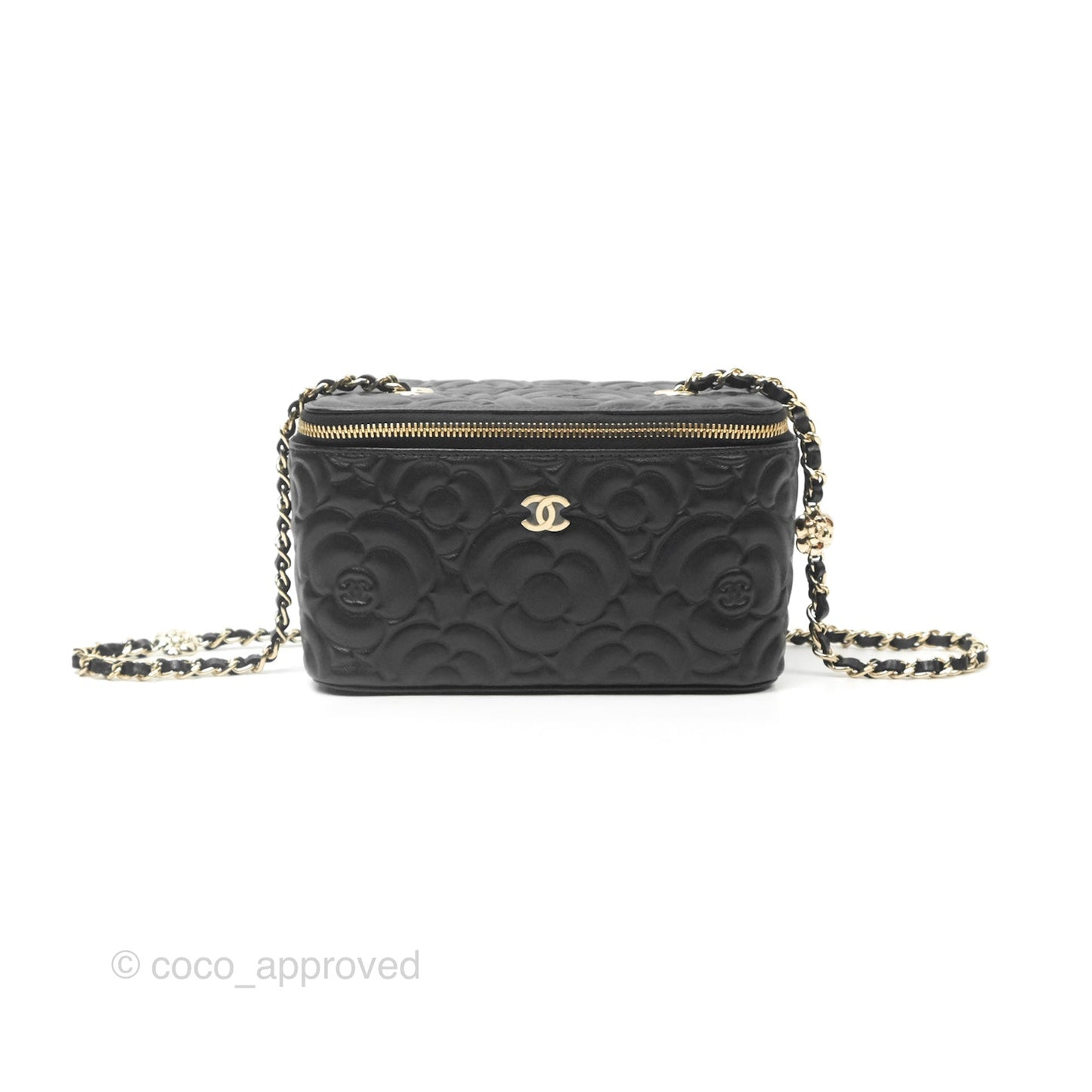 Chanel Vanity Rectangular Camellia Embossed Black Lambskin Gold Hardware 21S