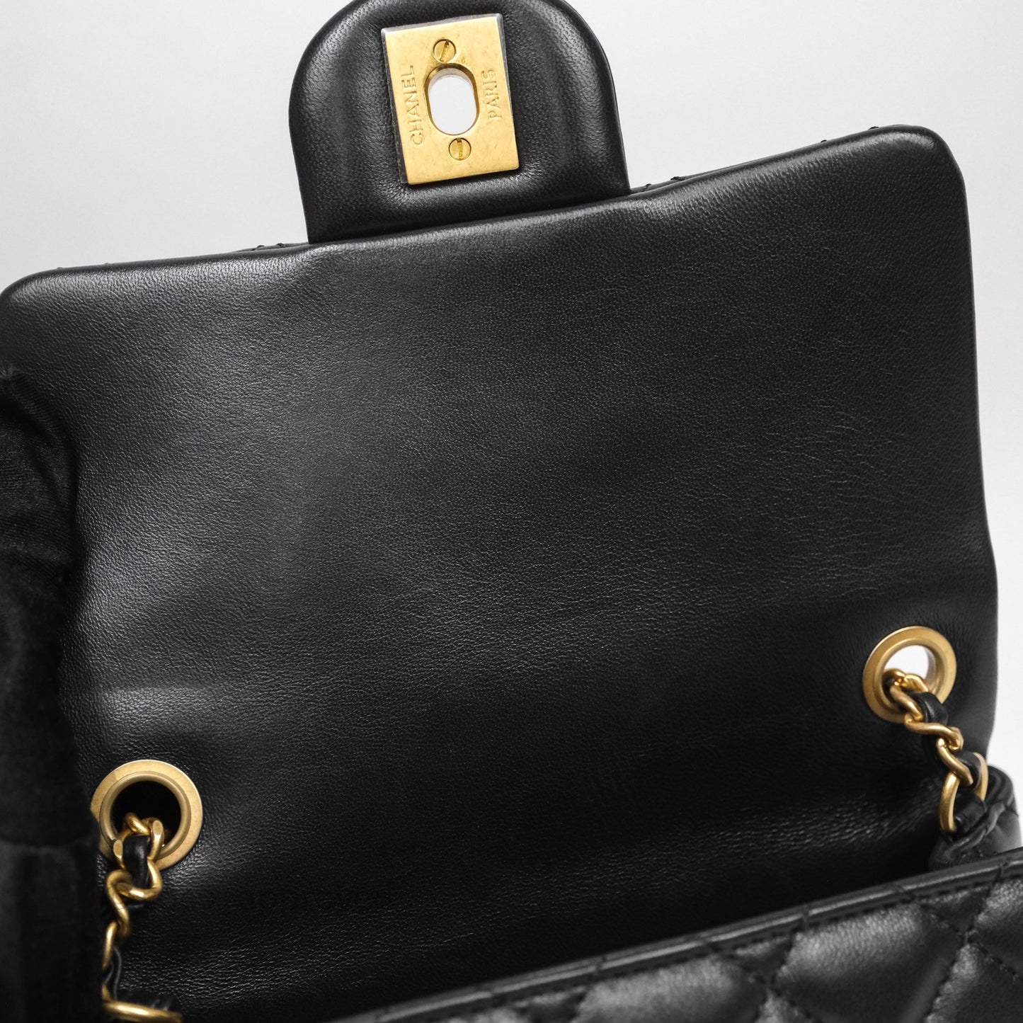 Chanel Pearl Crush Mini Square Quilted Black Lambskin Aged Gold Hardware