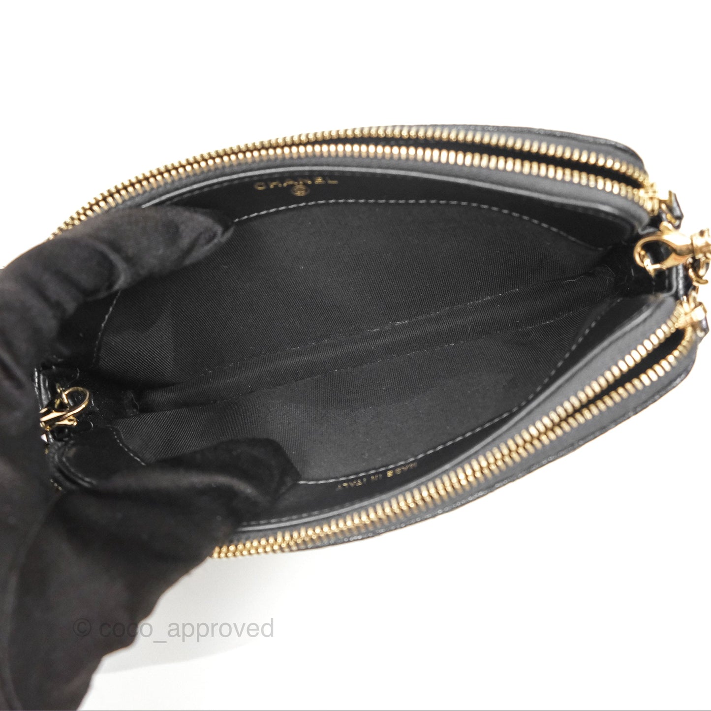 Chanel Quilted Zip Clutch With Chain Iridescent Dark Grey Caviar Gold Hardware