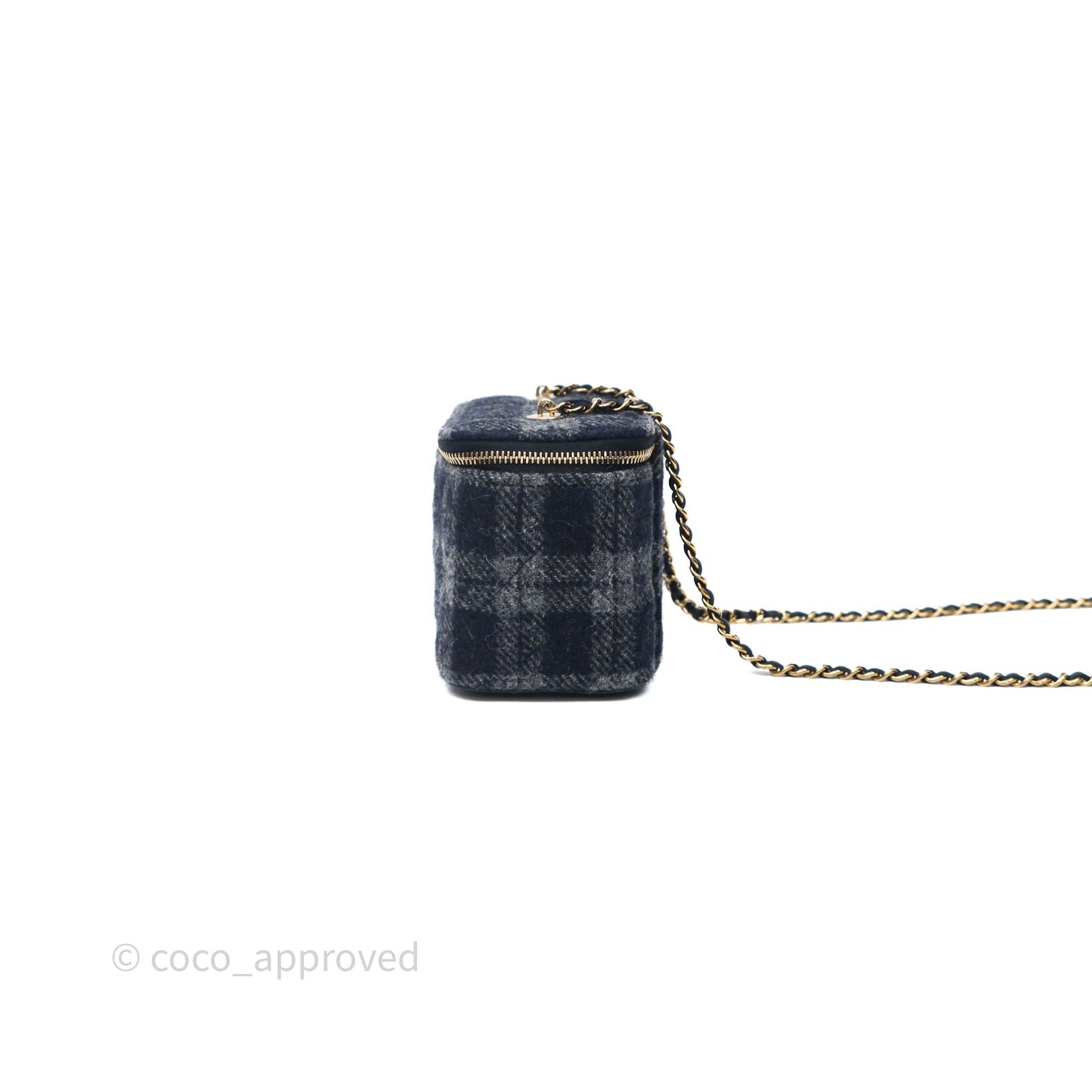 Chanel Vanity With Chain Navy Tweed Plaid Gold Hardware