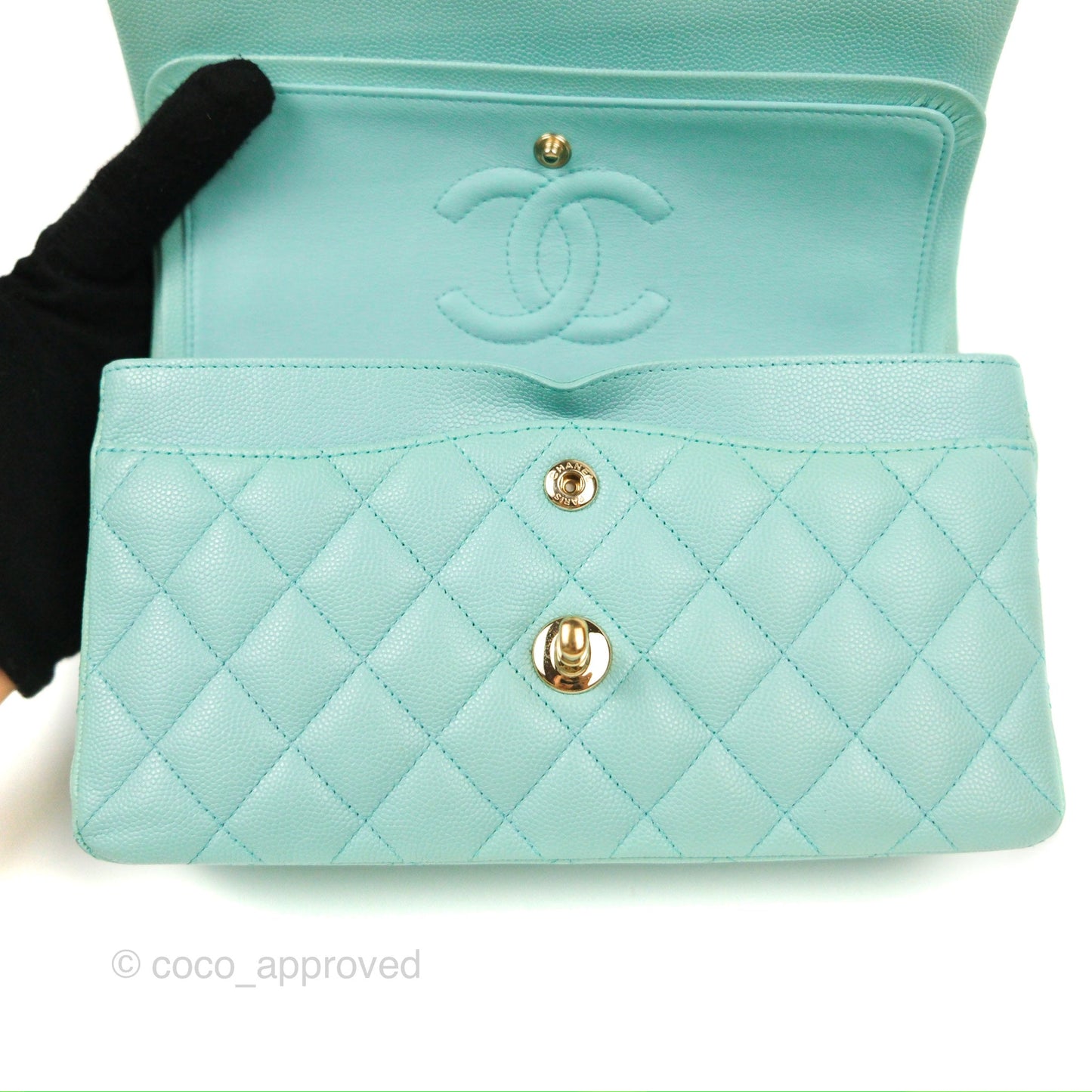 Chanel Small Classic Quilted Flap Tiffany Blue Caviar Gold Hardware 20C