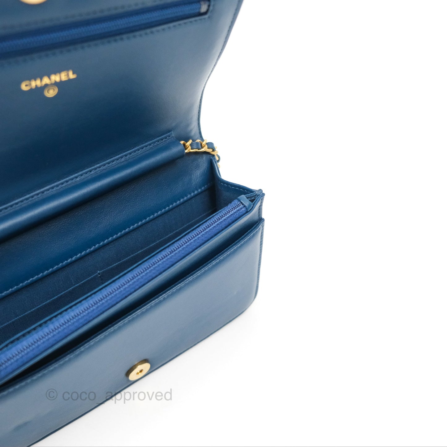Chanel Quilted Boy Wallet on Chain WOC Blue Calfskin Aged Gold Hardware