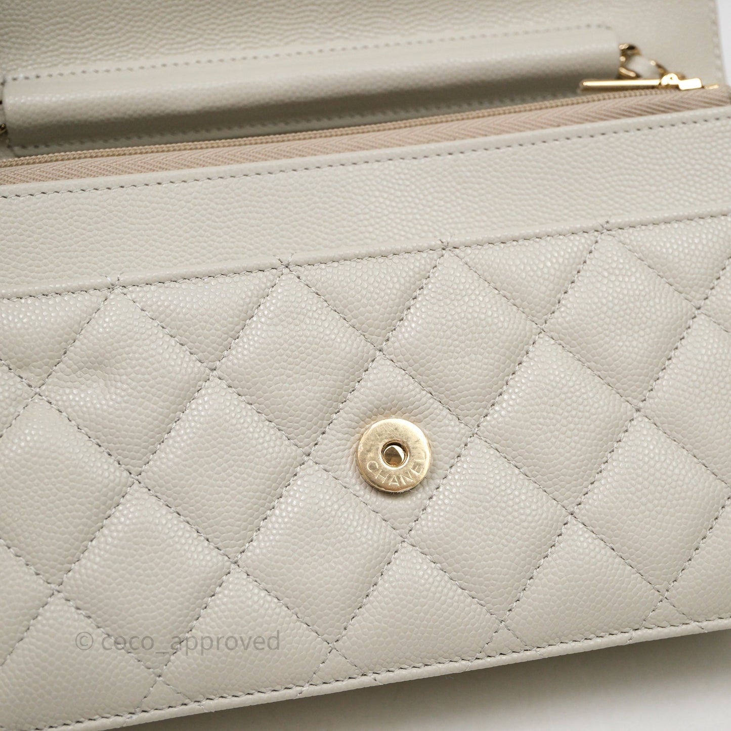 Chanel Quilted Wallet on Chain WOC Light Grey Caviar Gold Hardware 24S