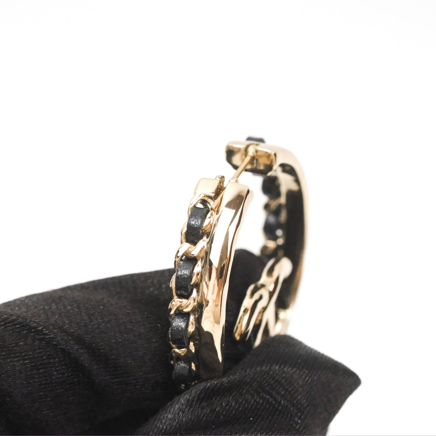 Chanel Gold Hoop Black Leather CC Earrings 22P