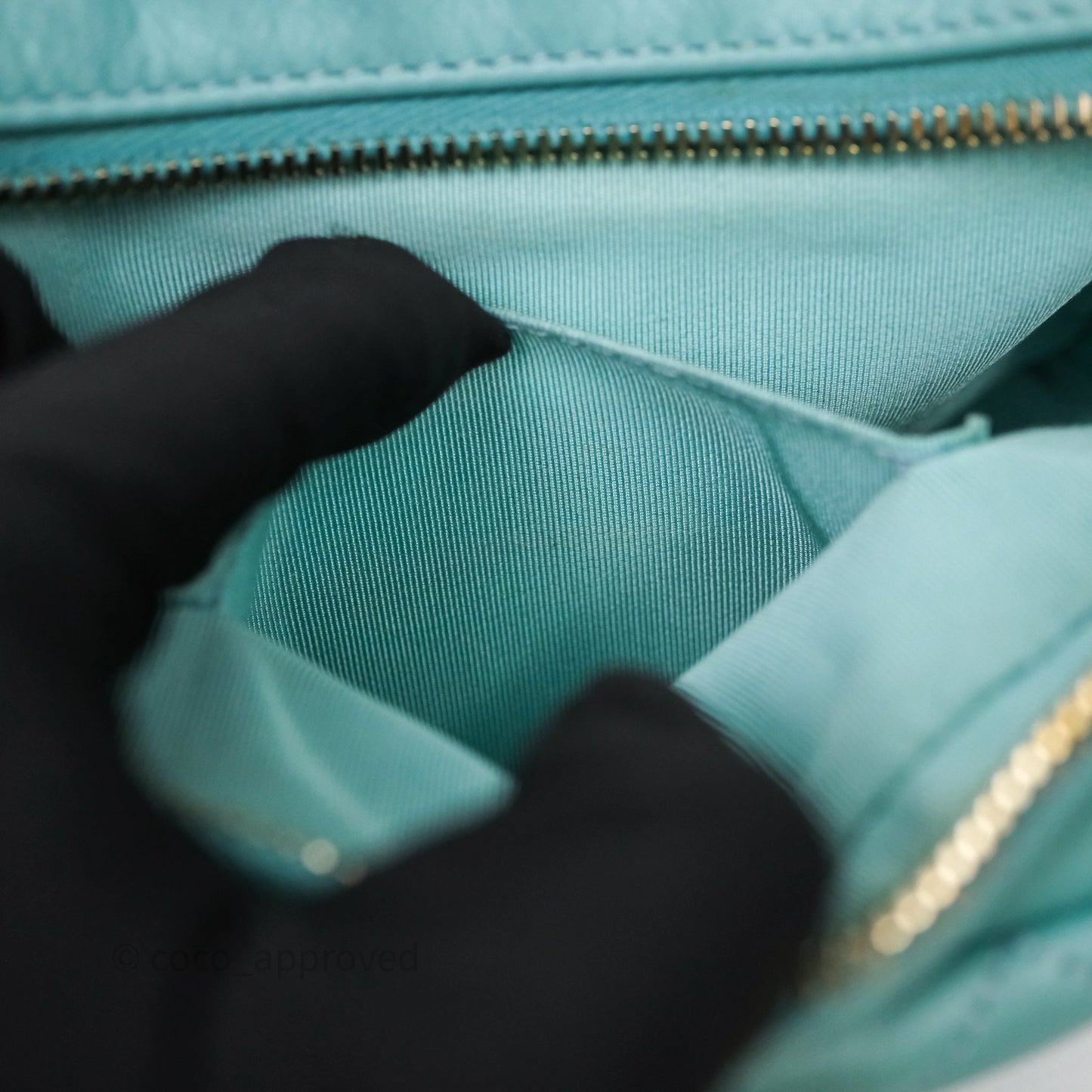 Chanel Camera Bag Quilted Pearly Turquoise Lambskin Aged Gold Hardware