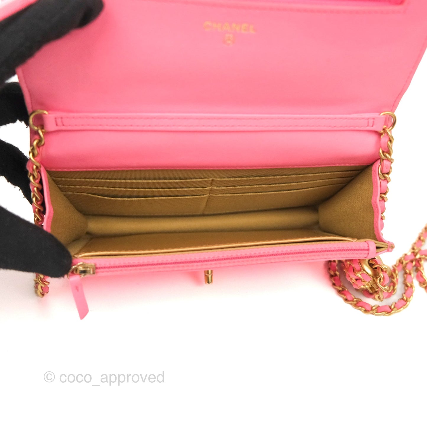Chanel Quilted Pearl Crush Wallet on Chain WOC Pink Lambskin Aged Gold Hardware