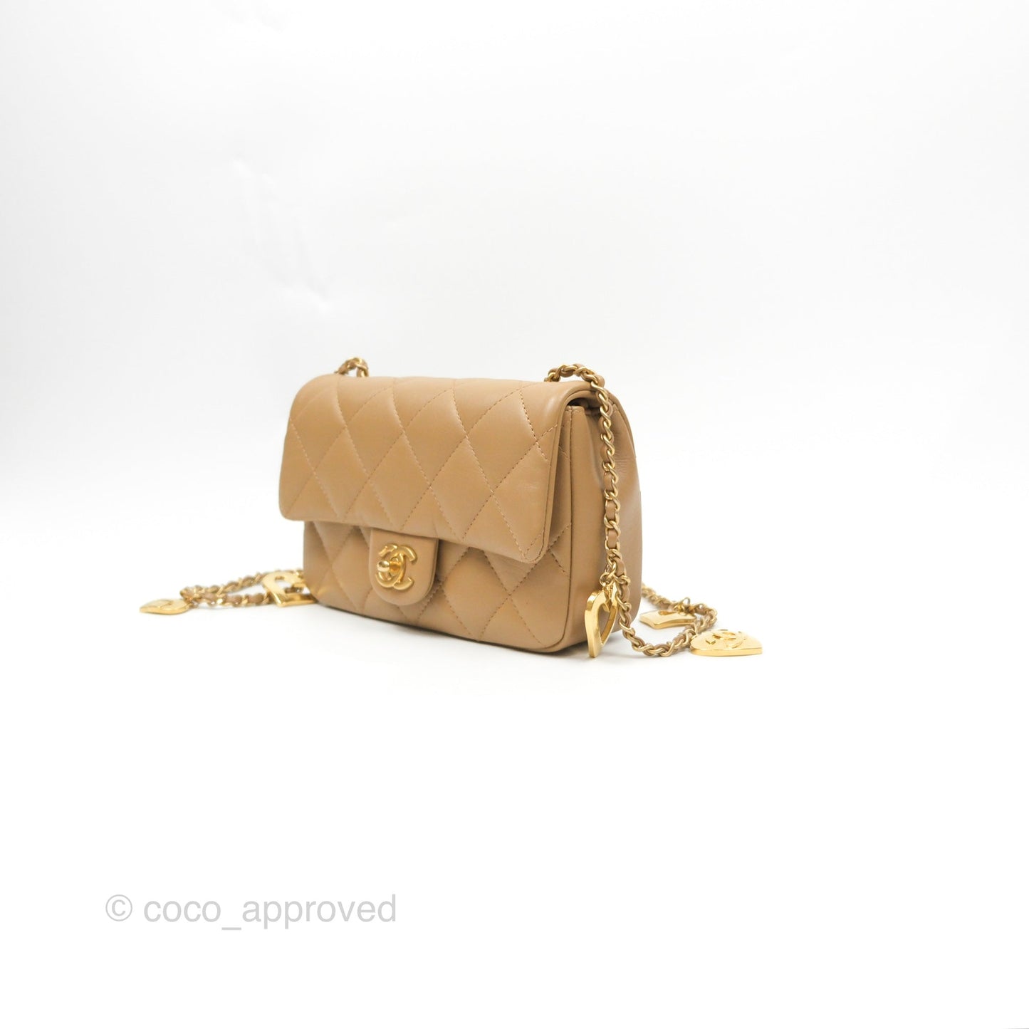 Chanel Mini Flap Bag With Heart CC Charm Dark Beige Lambskin Aged Gold Hardware