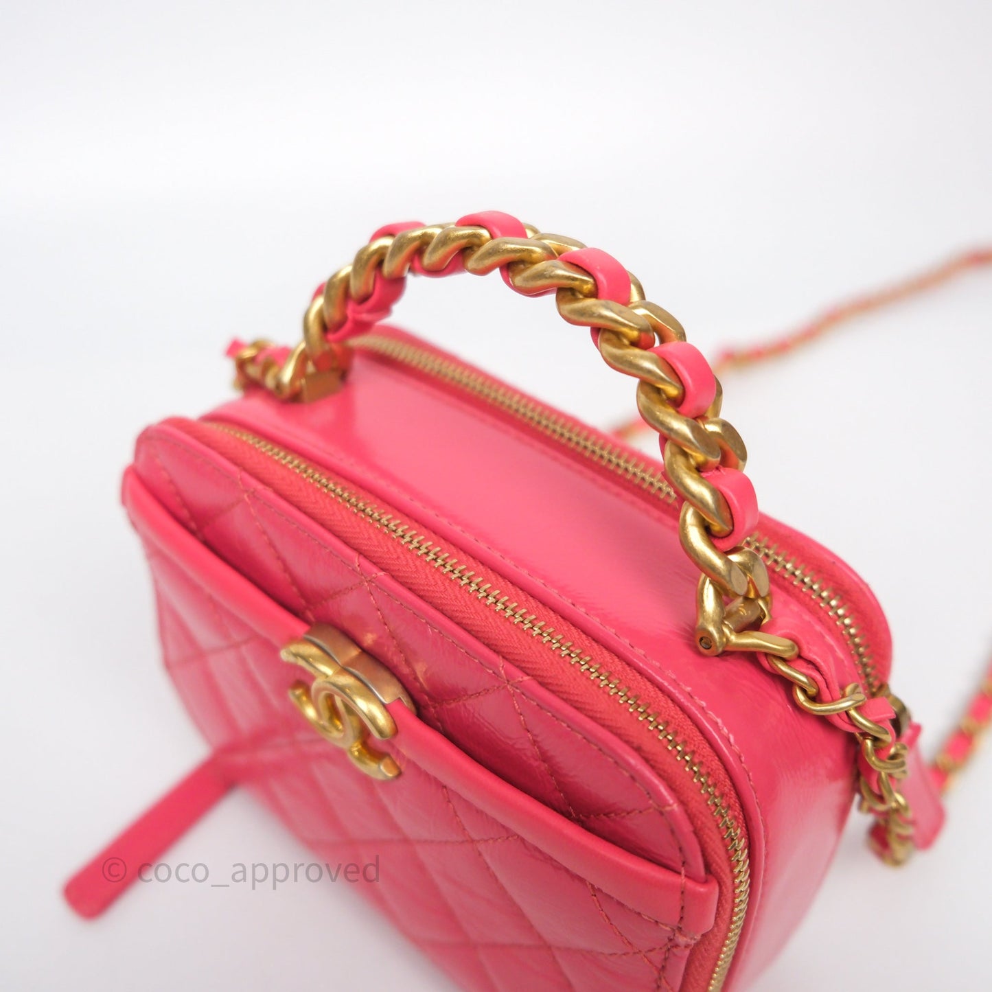 Chanel Small Top Handle Vanity Case Hot Pink Shiny Crumpled Calfskin Aged Gold Hardware