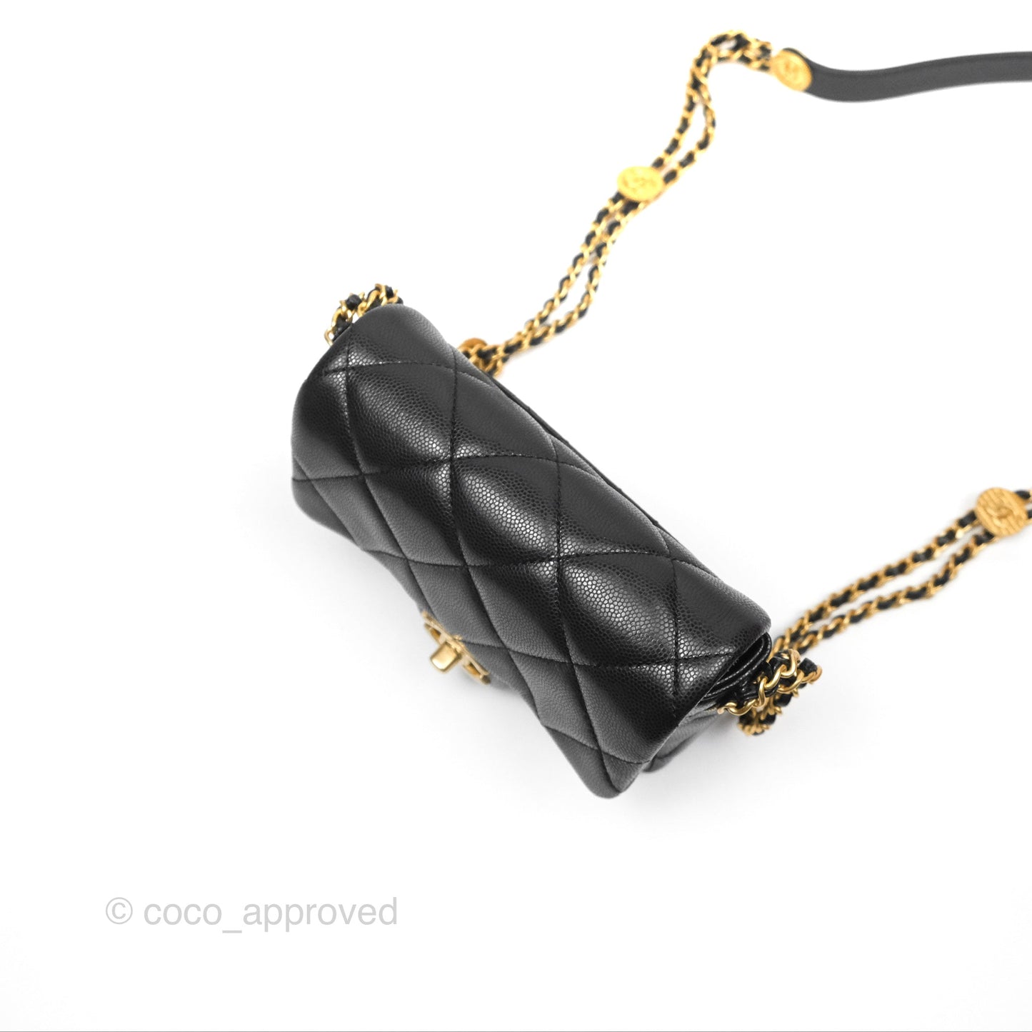 Chanel Mini Flap with Coin Charm Black Caviar Aged Gold Hardware 22A