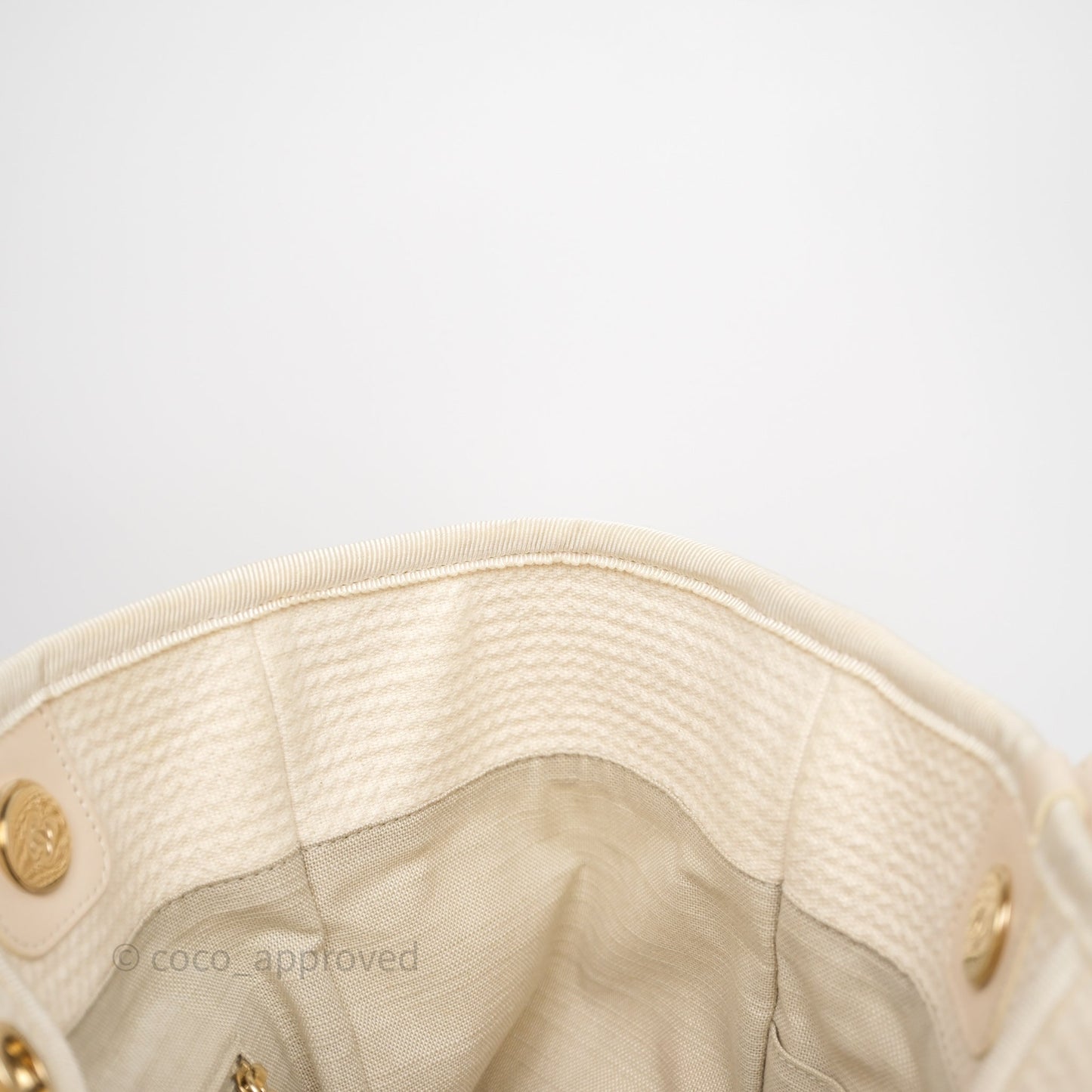 Chanel New Small Deauville Cream Ivory Canvas Light Gold Hardware
