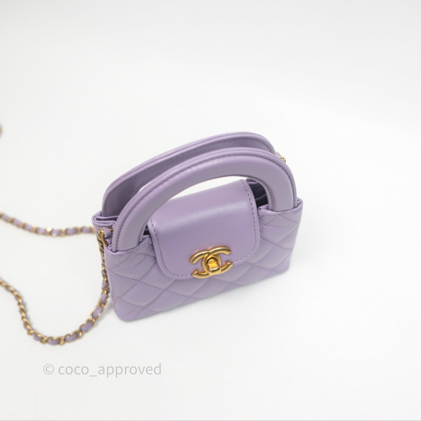 Chanel Mini Nano Kelly Bag Purple Shiny Calfskin Aged Gold Hardware