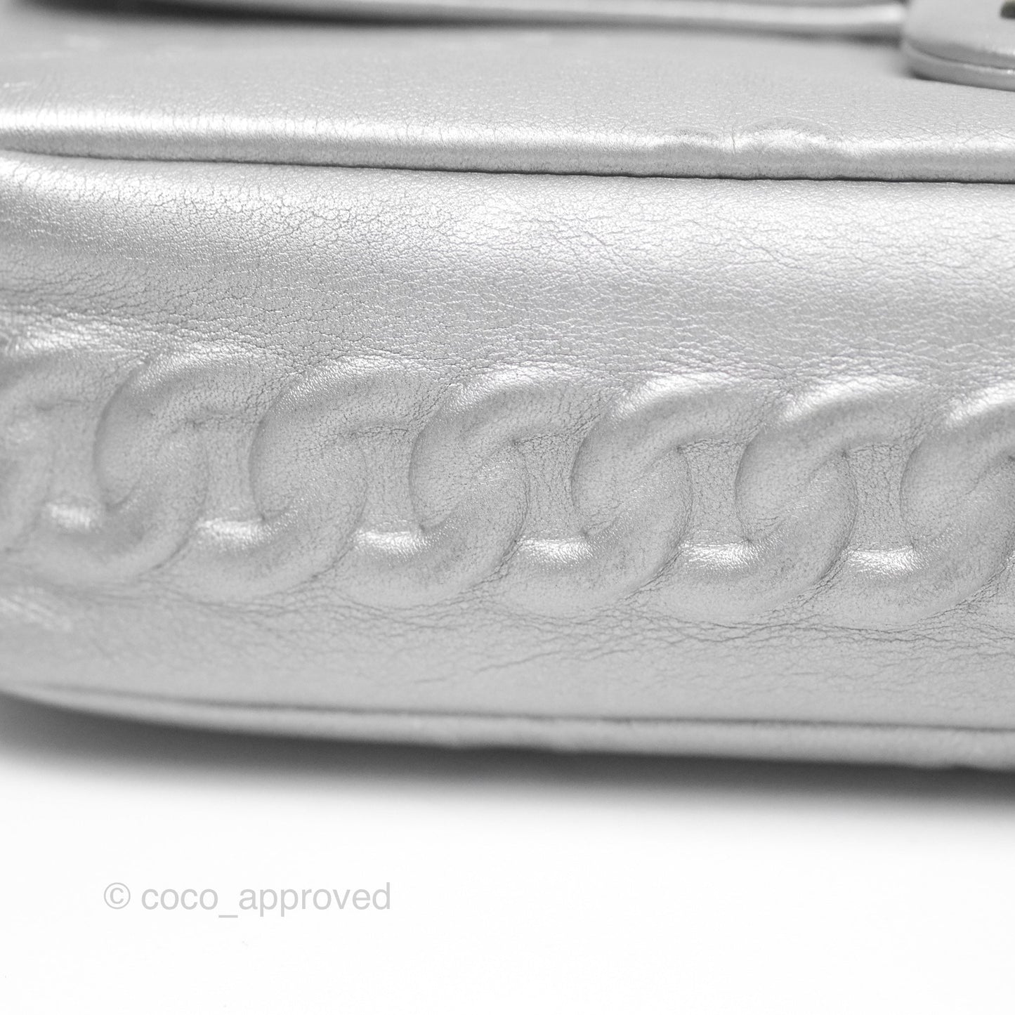 Chanel Medium Single Flap Embossed Metallic Silver Lambskin Ruthenium Hardware