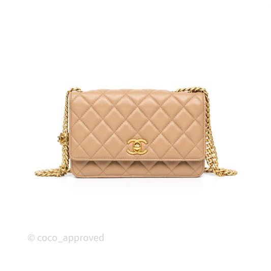 Chanel All Slide Wallet on Chain WOC Adjustable Chain Quilted Beige Lambskin