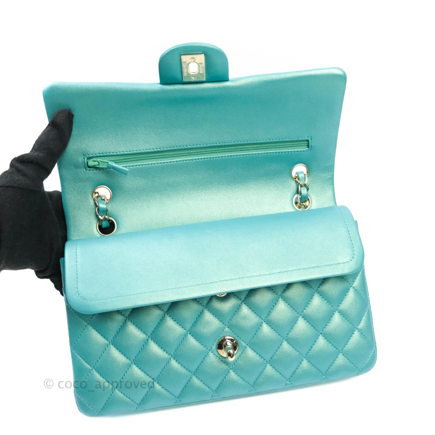 Chanel Classic M/L Medium Double Flap Iridescent Turquoise Calfskin Gold Hardware