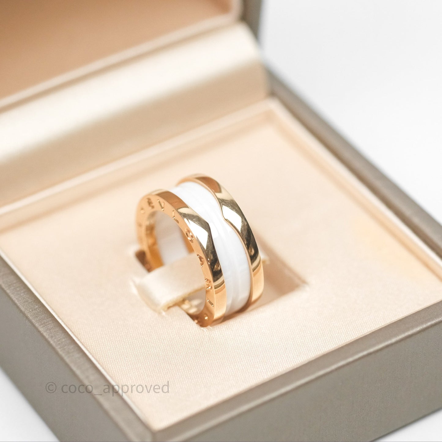 Bvlgari B.Zero1 Two-Band Ring White Ceramic Spiral 18K Rose Gold Size 49