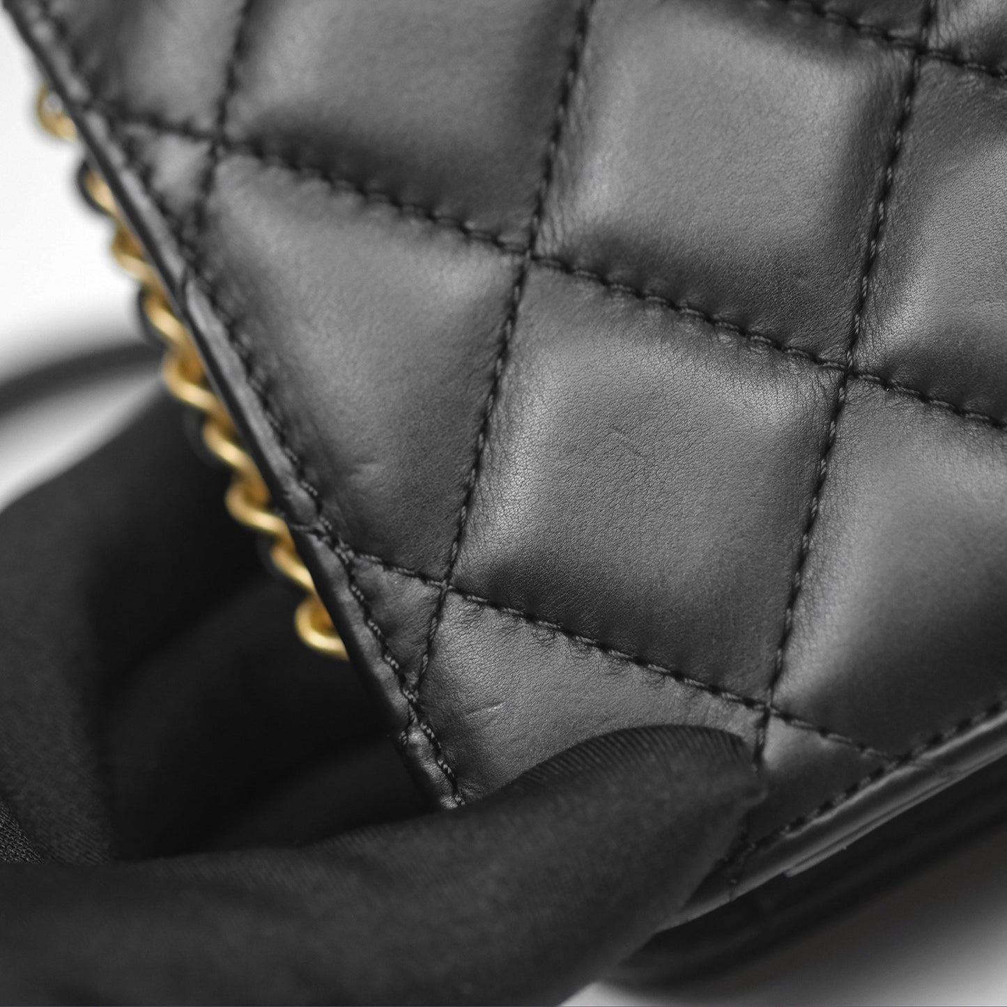 Chanel Quilted Side Chain Flap Bag Black Calfskin Aged Gold Hardware