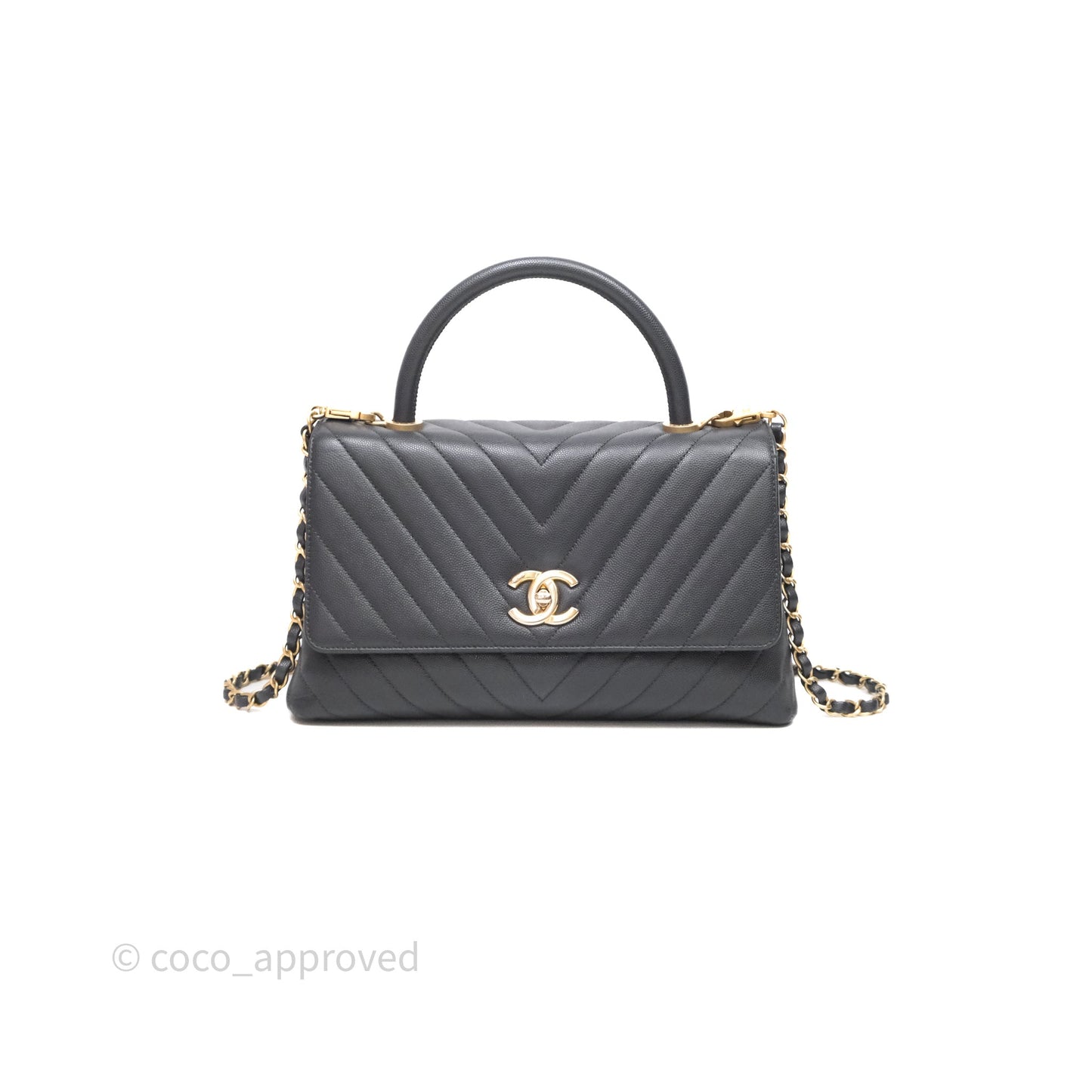 Chanel Medium Coco Handle Chevron Grey Bag Gold Hardware