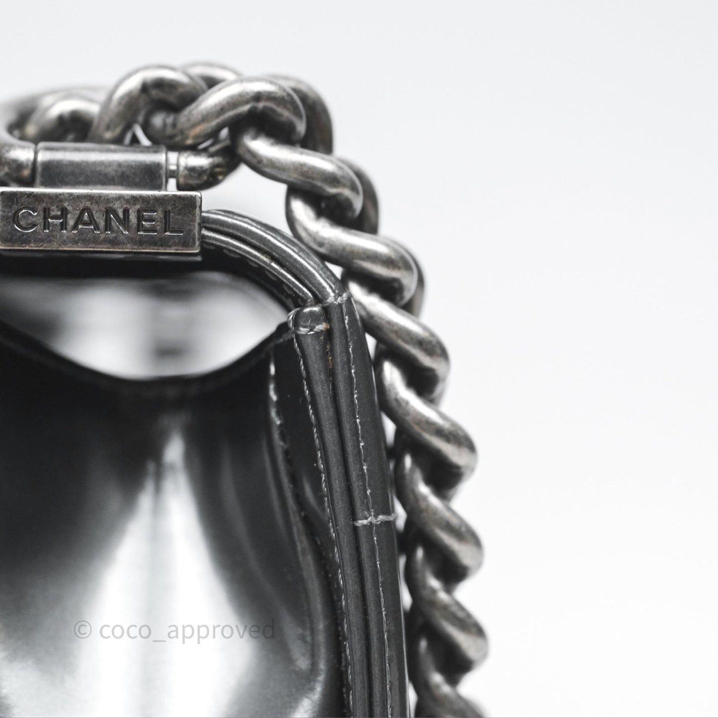 Chanel Medium Boy Metallic Dark Grey Iridescent Glazed Calfskin Ruthenium Hardware