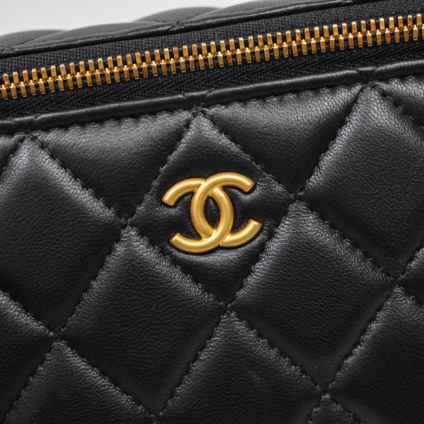 Chanel Vanity With COCO Heart Chain Black Lambskin Aged Gold Hardware