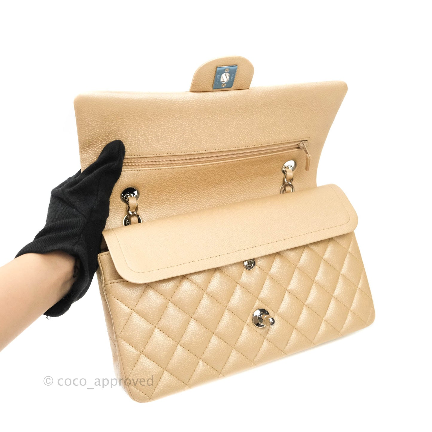Chanel M/L Medium Double Flap Bag Iridescent Beige Caviar Silver Hardware