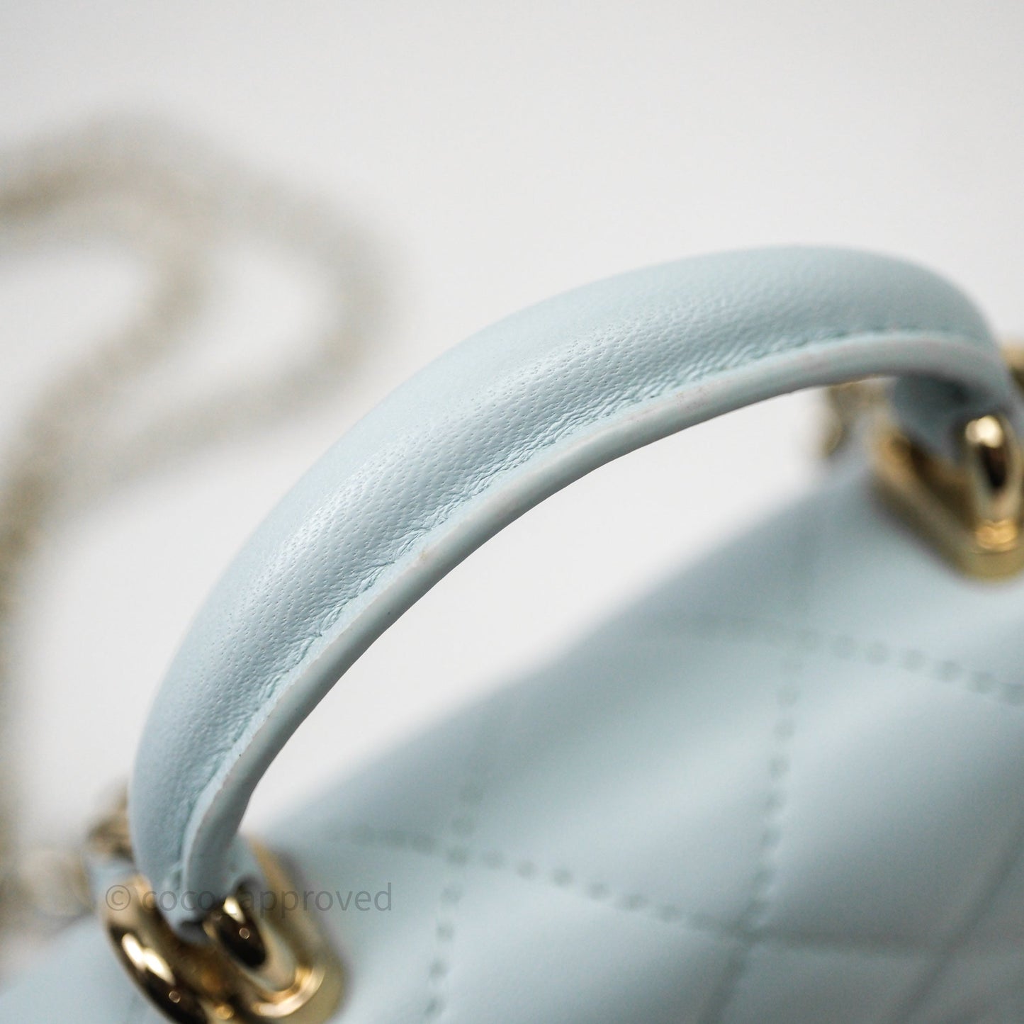 Chanel Mini Handle Flap Coin Purse With Chain Light Blue Lambskin Gold Hardware