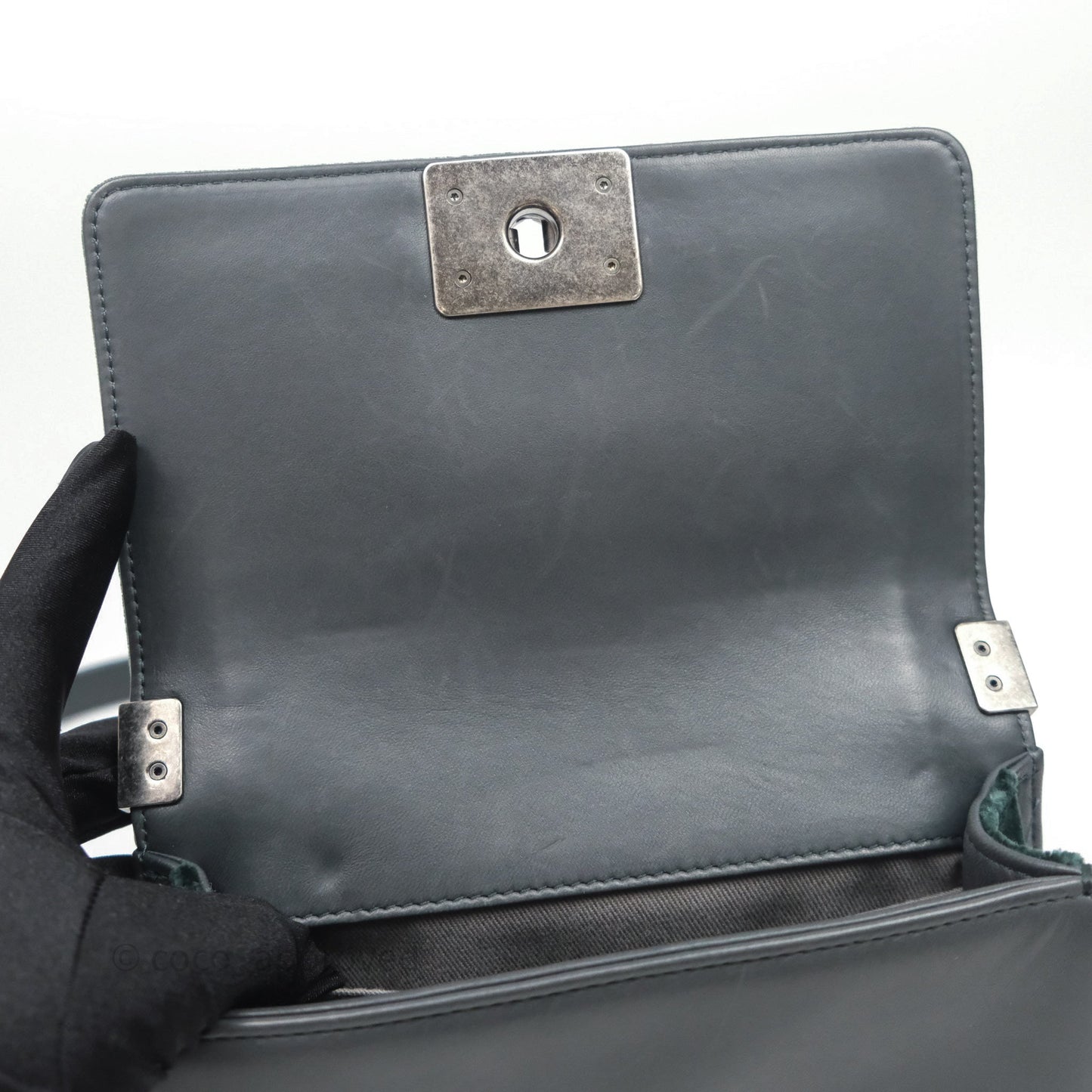 Chanel Small Boy Quilted Dark Green Velvet Ruthenium Hardware